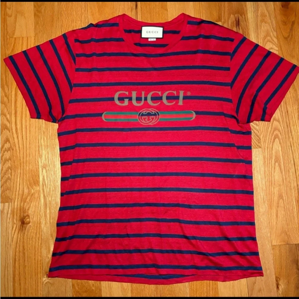 Gucci Red and Navy Striped Tee - Picture 1 of 5